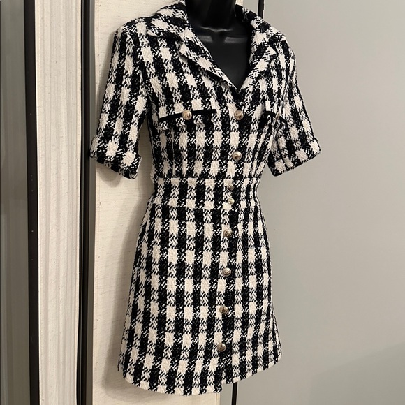 Maje Ricky Tweed Black White Houndstooth Mini Collar Shirt Mini Dress 36 - Picture 12 of 15